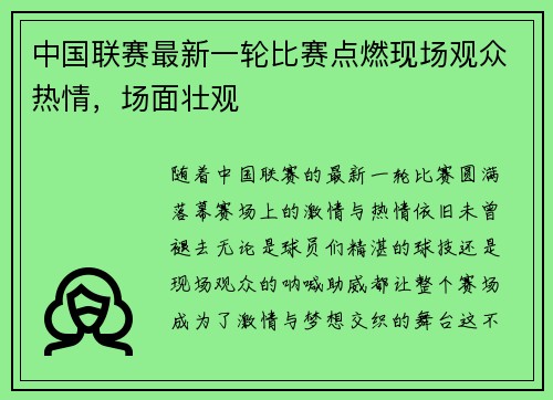 中国联赛最新一轮比赛点燃现场观众热情，场面壮观