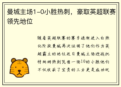 曼城主场1-0小胜热刺，豪取英超联赛领先地位