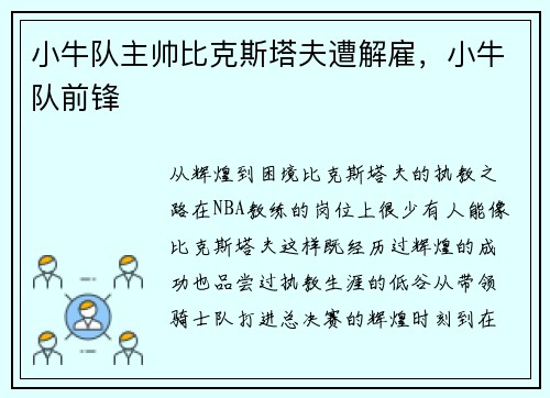 小牛队主帅比克斯塔夫遭解雇，小牛队前锋