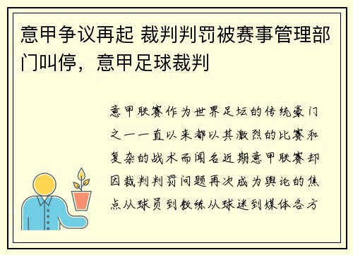 意甲争议再起 裁判判罚被赛事管理部门叫停，意甲足球裁判