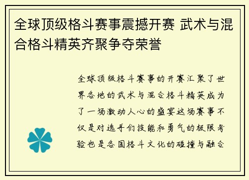 全球顶级格斗赛事震撼开赛 武术与混合格斗精英齐聚争夺荣誉