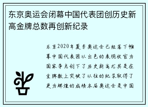 东京奥运会闭幕中国代表团创历史新高金牌总数再创新纪录
