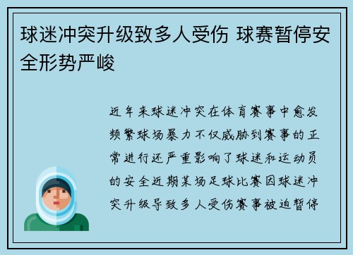 球迷冲突升级致多人受伤 球赛暂停安全形势严峻
